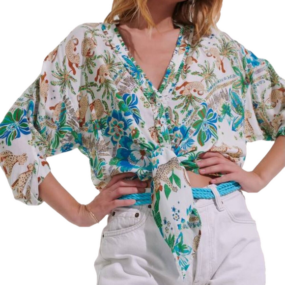 NEW POUPETTE ST BARTH Women's Azia Tie Top - Blue Leo, Size S - Picture 1 of 11